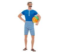 Smiffys Déguisement maillot de bain années 20 – Bleu et blanc, combinaison courte, chapeau Halloween