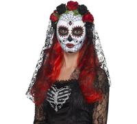Smiffy's Masque Senorita Jour des morts – Visage entier, rouge et noir, roses et voile Halloween