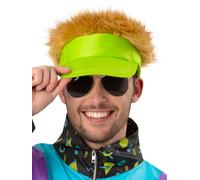 Smiffys 80s Neon Green Visor Hat with Dark Blonde Hair, 1980's Fancy Dress, 1980