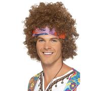 Smiffys Afro hippie, brune, avec foulard et pendentif peace and love