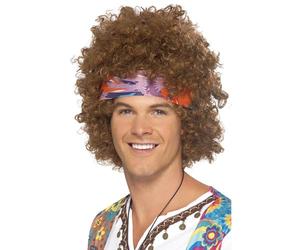 Smiffys Afro hippie, brune, avec foulard et pendentif peace and love Halloween