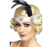 Smiffys Bandeau charleston satin argenté, avec plumes noires et joyaux Halloween
