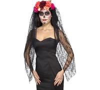 Smiffys Bandeau Deluxe Jour des morts, Rouge et noir, avec roses et voile Halloween