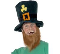 Smiffys Chapeau de Leprechaun, vert, avec boucle, trèfle et une barbe verte attachée Halloween, Carnaval