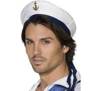 Smiffys Chapeau de marin, blanc, avec bande bleue et ancre doée Halloween