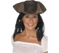 Smiffys Chapeau de pirate en cuir, marron, avec cheveux noirs Halloween