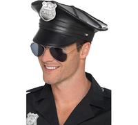 Smiffys Chapeau de police de luxe, Noir, Faux cuir, avec un bord intérieur élastique