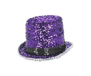 Smiffys Chapeau haut-de-forme fever de luxe en feutre avec paillettes, violet, Bord intérieur élastique et rebord clouté