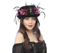 Smiffy's Chapeau haut de forme floral à cornes, noir et rose, pivoines et plumes – Halloween