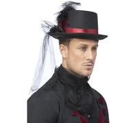 Smiffys Chapeau haut de forme noir, vampire rose, noir et rouge, avec plumes et voile Halloween