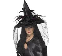 Smiffys Chapeau sorcière, Noir, avec plumes & tulle, deluxe