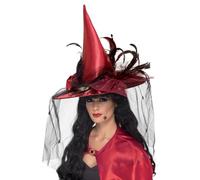 Smiffys Chapeau sorcière, Rouge foncé, avec plumes & tulle, deluxe