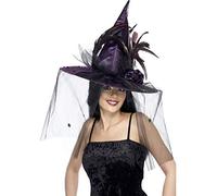 Smiffys Chapeau sorcière, Violet, avec plumes & tulle, deluxe Halloween