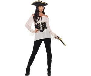 Smiffys Chemisier style pirate de luxe pour femmes, Ivoire, avec un serre-taille à lacets Halloween