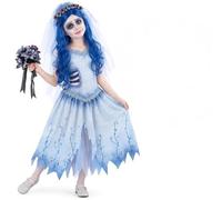Smiffys Corpse Bride Emily Costume Robe Voile & Perruque Age 4-12 ans | Costume officiel Emily avec robe de mariée gothique bleu pâle, voile bandeau floral et longue perruque ondulée bleu