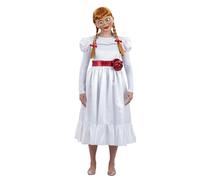 Smiffys Costume Annabelle pour adulte, robe blanche hantée avec ceinture à fleurs, costume de poupée sous licence officielle, fermeture éclair dans le dos, parfait pour Halloween, fêtes costumées et