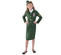Smiffys Costume armée 2ème guerre mondiale fille, vert khaki, avec veste, jupe, ceinture intégrée et casquette