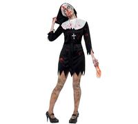 Smiffys Costume bonne sœur zombie, Noir, Robe, coiffe, ceinture et collier avec croix Halloween