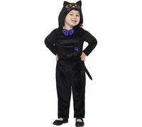 Smiffys Costume chat, jeune enfant, Noir, avec combinaison-pantalon à capuche et yeux imprimés en 3D Halloween