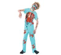 Smiffys Costume chirurgien zombie bleu, pantalon sanglant, haut, masque & stéthoscope 10-12 ans