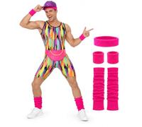 Smiffys Costume d'aérobic pour homme 5 pièces Taille S-XXL | Costume d'aérobic rétro 5 pièces avec body coloré, casquette à paillettes violettes, bandeaux roses, jambières et sac banane.