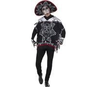 Smiffys Costume de bandit du jour des morts, noir et blanc avec poncho, ombrero et gants, costume de fête mexicaine des morts pour Halloween