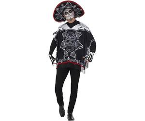 Smiffys Costume de bandit du jour des morts, noir et blanc avec poncho, ombrero et gants, costume de fête mexicaine des morts pour Halloween