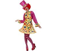 Smiffys Costume de clown femme, multi couleurs, robe cerclée, chemise, nœud papillon, collants à rayures et chapeau