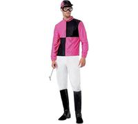 Smiffys Costume de jockey, haut rose et noir, pantalon, couvre-bottes, chapeau et lunettes, icônes et idoles, costume adulte XXL