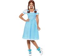 Smiffys Costume de Kansas Country pour fille, bleu et blanc avec robe et nœuds pour les cheveux, conte de fées, ailes et baguettes, costume de personnage de livre d'histoires