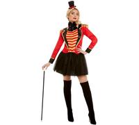 Smiffys Costume de maître de piste femme, Rouge, avec veste, fausse chemise, jupe et bandeau Halloween