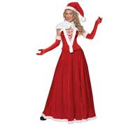 Smiffys Costume de Mère Noël de luxe, Rouge, avec bonnet, cape, corset, jupe et gants Halloween, Carnaval