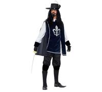 Smiffys Costume de Mousquetaire pour Homme, Bleu marine, avec Haut, Chapeau, Gants, Couvre-bottes, Barbe et Moustache Halloween, Carnaval
