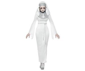 Smiffys Costume de nonne d'asile hanté, Blanc, avec une robe, une ceinture et accessoire pour la tête Halloween
