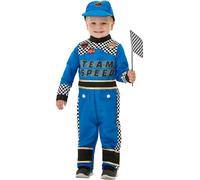 Smiffys Costume de pilote de voiture de course pour tout-petit, Bleu, avec combinaison, casquette et drapeau Halloween