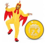 Smiffys Costume de poulet adulte et peinture visage jaune taille S-XXL | Ensemble de costume de poulet avec capuche tout-en-un, capuche de personnage, ailes rouges, queue, couvre-pieds talon et