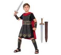 Smiffys Costume de soldat romain pour enfant, épée et fourreau de 7 à 14 | Costume de soldat romain avec tunique noire, cape rouge, détails dorés, poignets de bras et de jambe