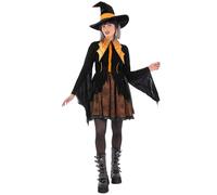 Smiffys Costume de sorcière araignée orange pour femme avec robe et chapeau - Déguisement d'Halloween pour femmes - Style sorcière gothique, taille M