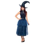 Smiffys Costume de sorcière de minuit, bleu avec robe, ceinture, lenticulaire 3D imprimé broche et chapeau, déguisement d'Halloween pour adulte