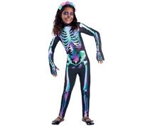 Smiffys costume de squelette « Bright Bones » pour enfants, combinaison pour filles sur le thème du Jour des Morts, Taille M 7-9 ans