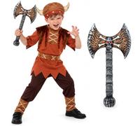 Smiffys Costume de viking pour enfant, chapeau à cornes et hache tête de | Costume de guerrier viking avec haut dentelé, pantalon, couvre-bottes, chapeau souple à cornes et hache de crâne de 33 cm.