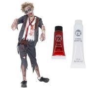 Smiffys Costume d'écolier zombie pour enfant de 4 à 14 ans | Tenue d'écolier zombie avec uniforme vieilli, faux sang 10 ml et peinture blanche 28 ml pour Halloween.