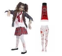 Smiffys Costume d'écolière zombie pour enfant de 4 à 12 ans | Tenue d'écolière zombie avec uniforme vieilli, collants imprimés faux sang et sang de 10 ml pour un look effrayant