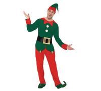 Smiffy's Costume d'elfe rouge et vert avec haut, pantalon, bonnet et ceinture Halloween Taille M
