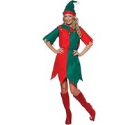 Smiffys Costume d'elfe rouge et vert pour femme, comprend une tunique avec cloches et chapeau, taille unique, déguisement festif d'aide du Père Noël XXL