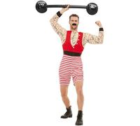 Smiffy's Costume Hercule de foire – Rouge et blanc, combinaison courte et moustache – Halloween