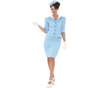 Smiffy's Costume d'hôtesse de l'air bleu avec veste, faux col, chapeau, jupe et gants – Halloween