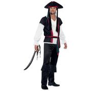 Smiffys Costume entendu mon capitaine pirate, Noir, avec haut, pantalon, cravate et chapeau avec cheveux