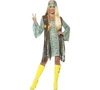 Smiffys Costume femme hippie années 60, multicolore, avec robe, gilet, medaillon et bandeau Halloween