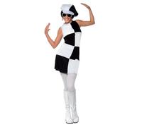 Smiffys Costume femme party girl des années 60, noir et blanc, avec robe et chapeau Halloween, Carnaval